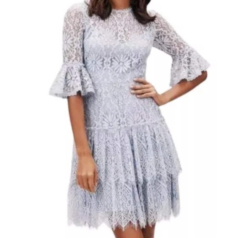 NWT Anthropologie Monique Lhuillier Lace Cocktail Dress Blue Mist Women's 6
